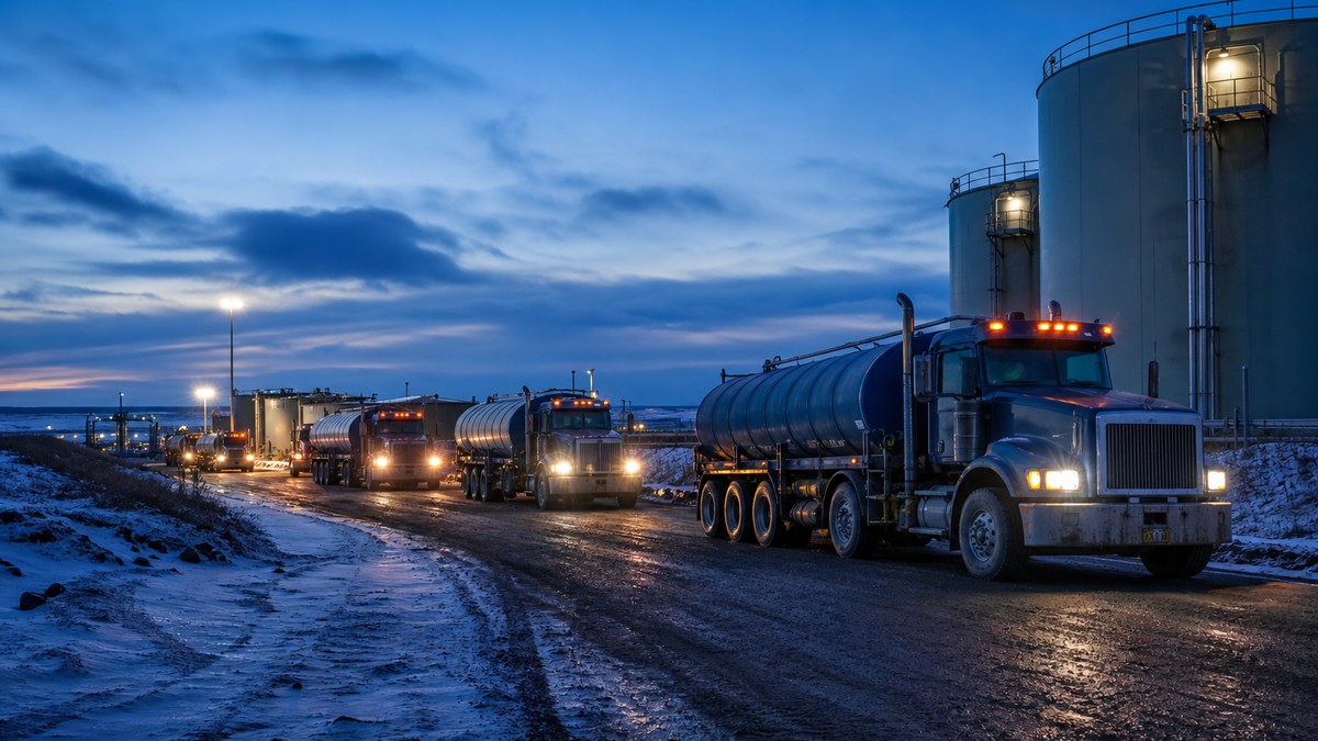 Water hauling trucks lined up at a saltwater disposal facility in the Bakken at blue hour