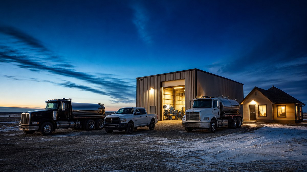 Family-owned oilfield service shop yard with trucks and a lit workshop at blue hour in the Bakken, North Dakota