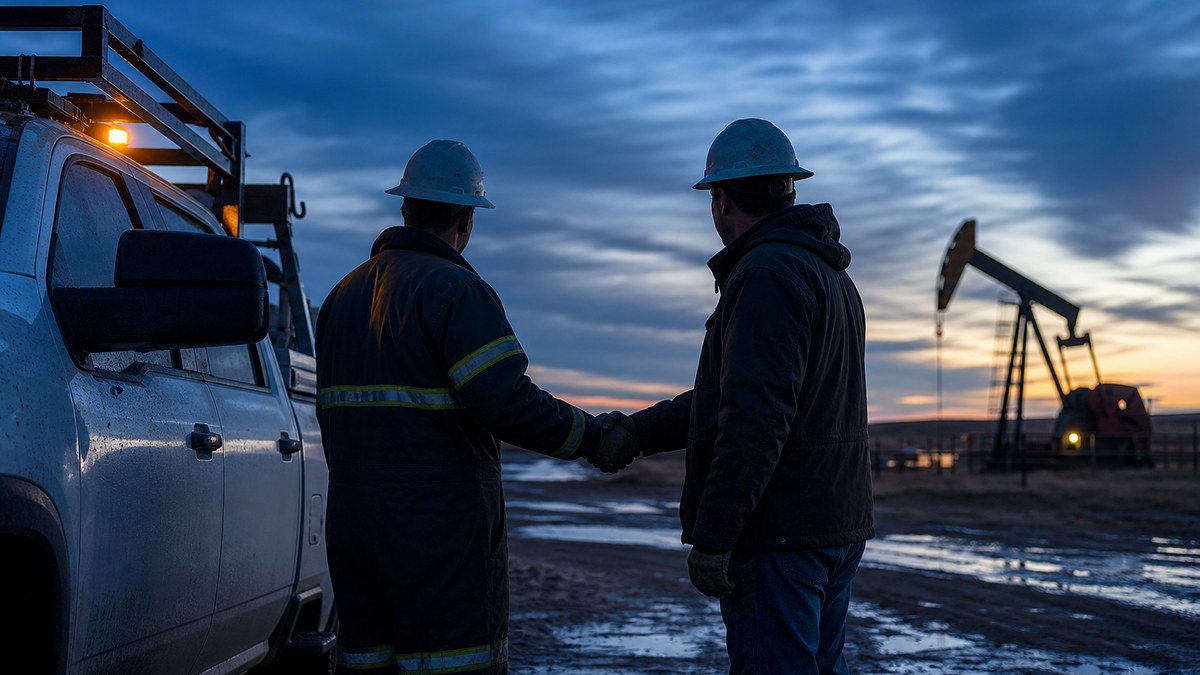 Two people shaking hands next to a service truck at a well site at dusk