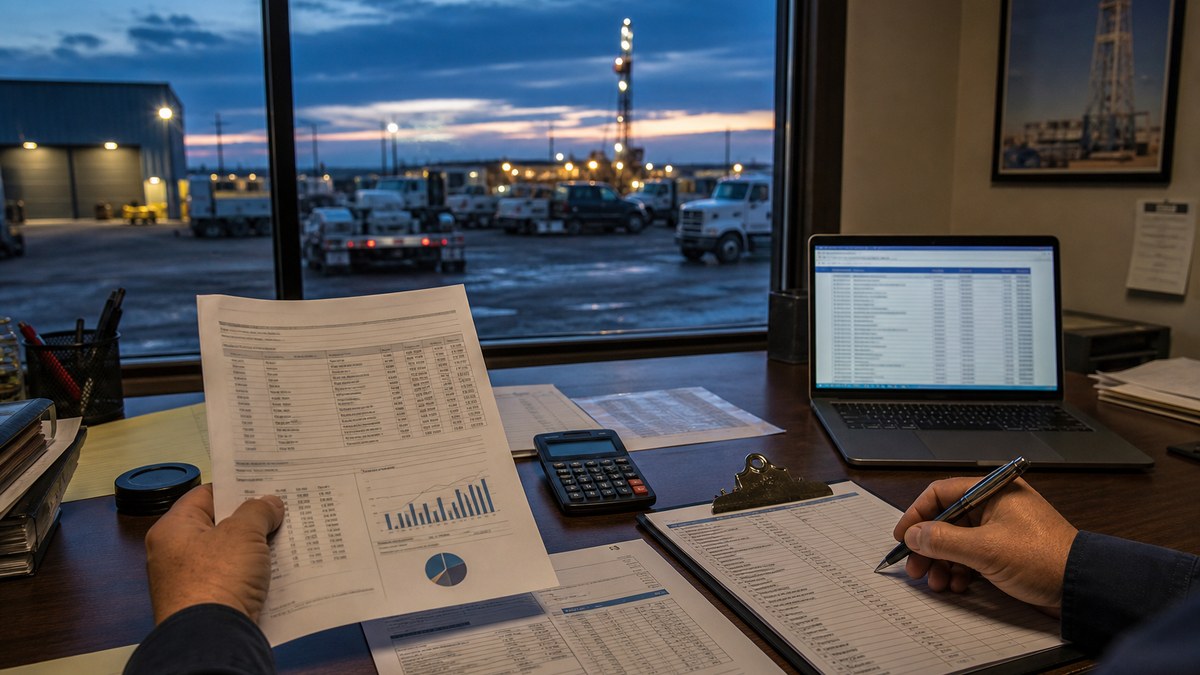 Business owner reviewing financial statements and equipment lists at an office desk with a view of a service yard