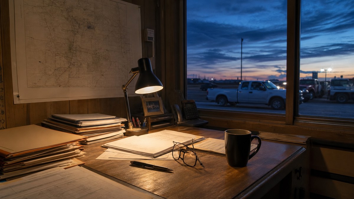 Family business owner's desk with succession planning documents, a North Dakota map and a pickup truck outside the office window at dusk