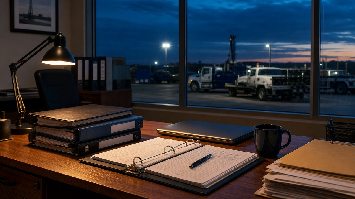 Organized binders, maintenance logs and a laptop with spreadsheets on a desk in an oilfield service company office at dusk