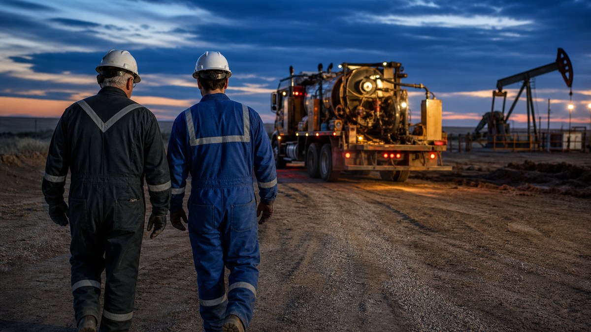 Experienced oilfield service crew lead and younger operator walking past a hot oil truck on a Bakken lease road at dusk