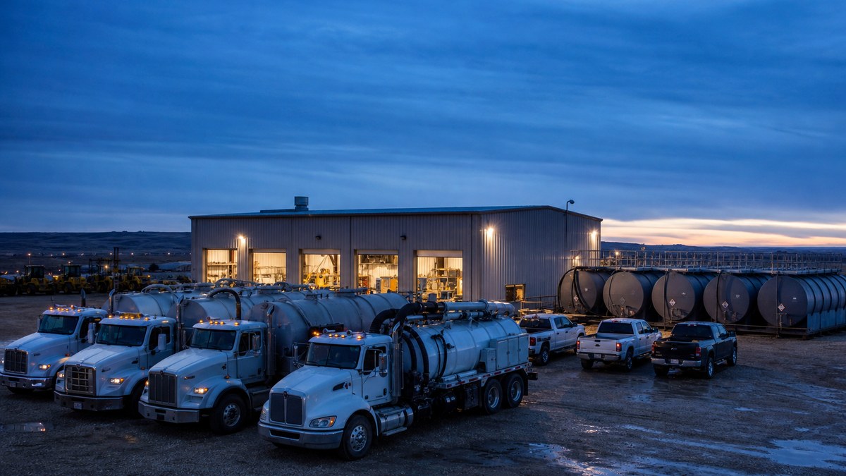 Oilfield service trucks and equipment lined up in a Bakken shop yard at dusk