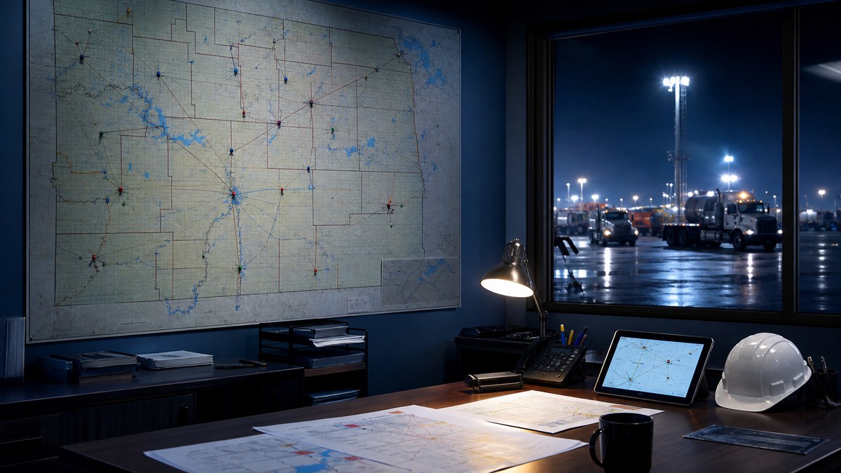 Oilfield service dispatch office with a North Dakota map, documents and route plans at night