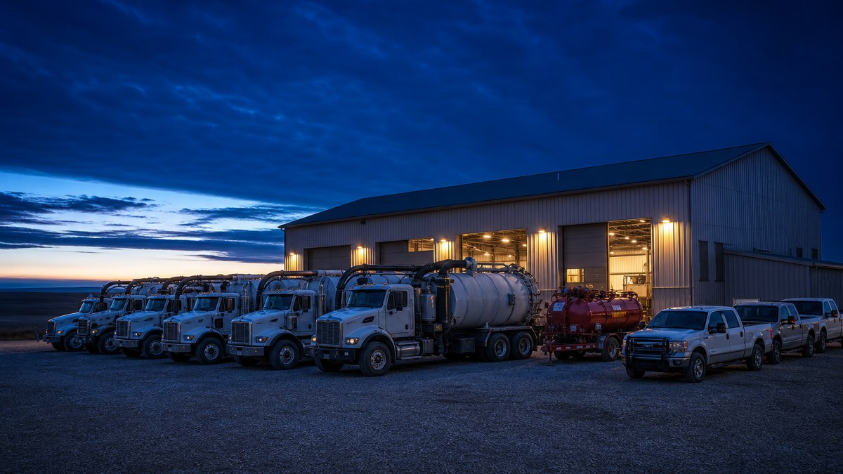 Oilfield service trucks parked in order at a Bakken shop yard under a blue-hour sky with work lights on