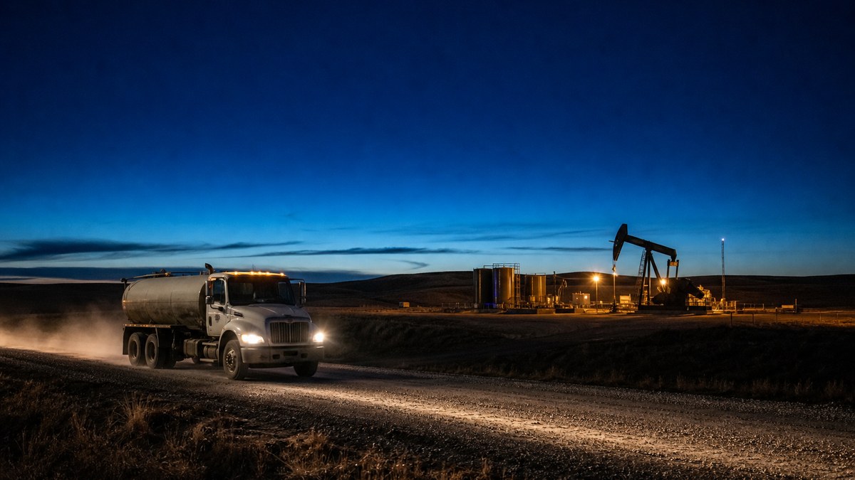 Water hauling truck driving a gravel lease road past a North Dakota well pad at blue hour